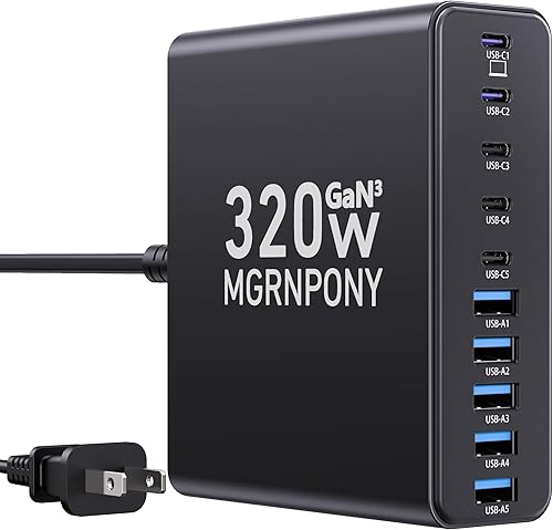Bloque de Cargador USB C de 320W, Estación de Carga de 10 Puertos USB C GaN III PD 65W Adaptador de Carga Rápida para Laptop para MacBook Pro/Air,
