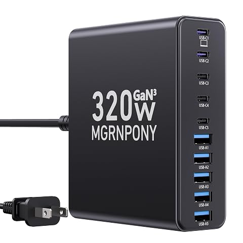 320W USB C Charger Block 10-Port USB C Charging Station GaN III PD 65W Laptop Fast Charger Adapter