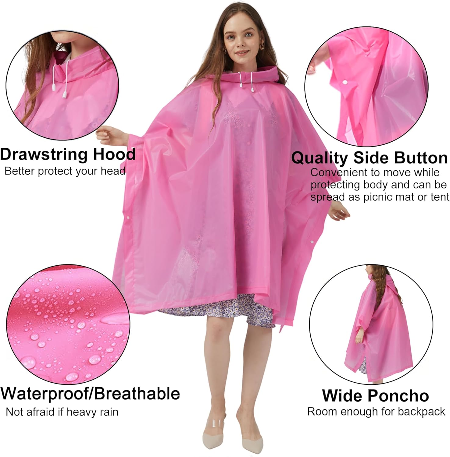 Rain Ponchos for Adults, 2 Pack Raincoats Jacket Reusbale with Drawstring Hood Sleeves for Women Men - Image 4