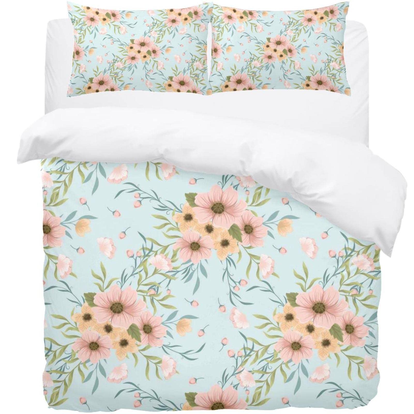 Parure de lit motif floral 3 pièces avec housse de couette et taies d'oreiller assorties