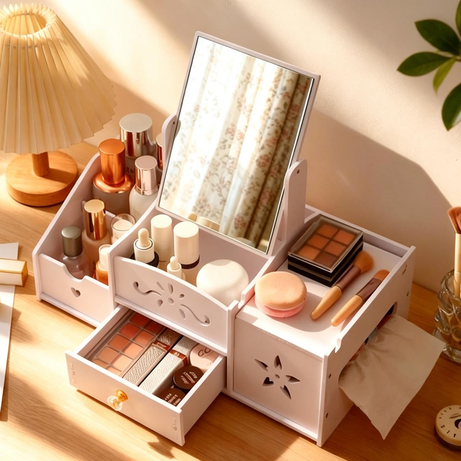 perfk Organizador Maquillaje con Espejo, Organizador cosméticos para brochas con cajón, Estuche exhibición cosméticos versátil para el hogar, Espejo Rectangular