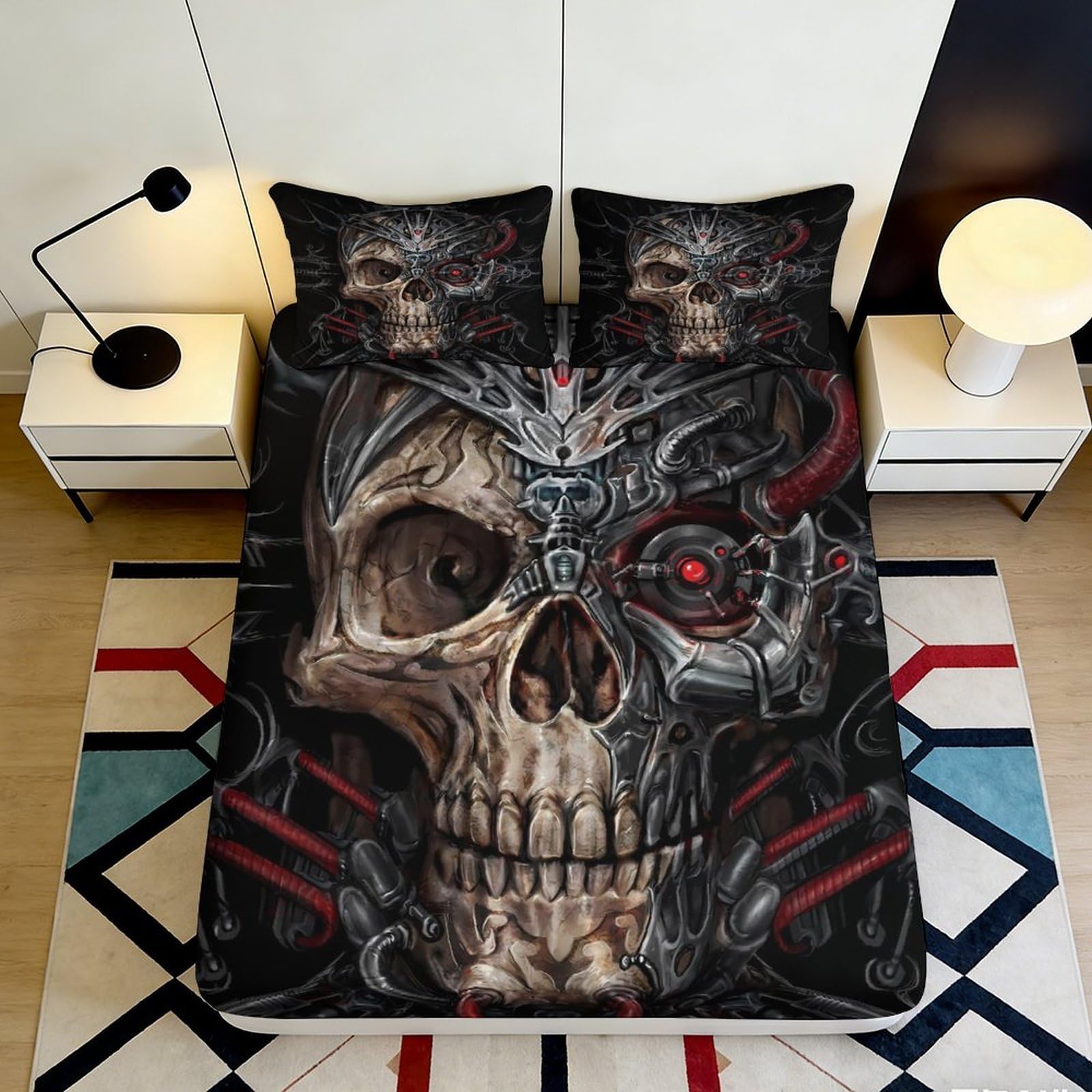 3D Printed Cyber Skull Fitted Sheet Microfiber Soft Durable Biomechanical Skeleton Bed Cover for Bedroom Dormitory Guest Room Mattress Protection 200x200x25cm