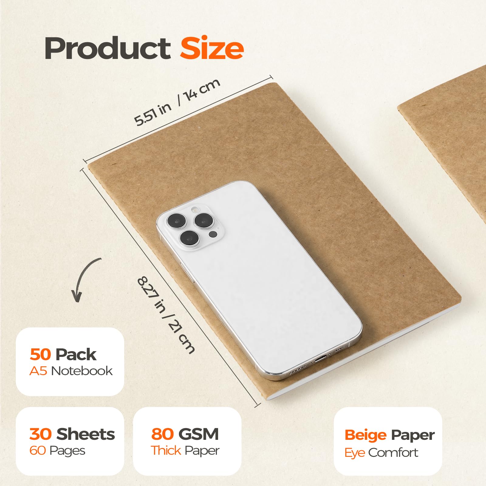 Cuaderno de notas (50 unidades, A5, papel kraft con encuadernación de hilo, 60 páginas (80 g/m²), color beige