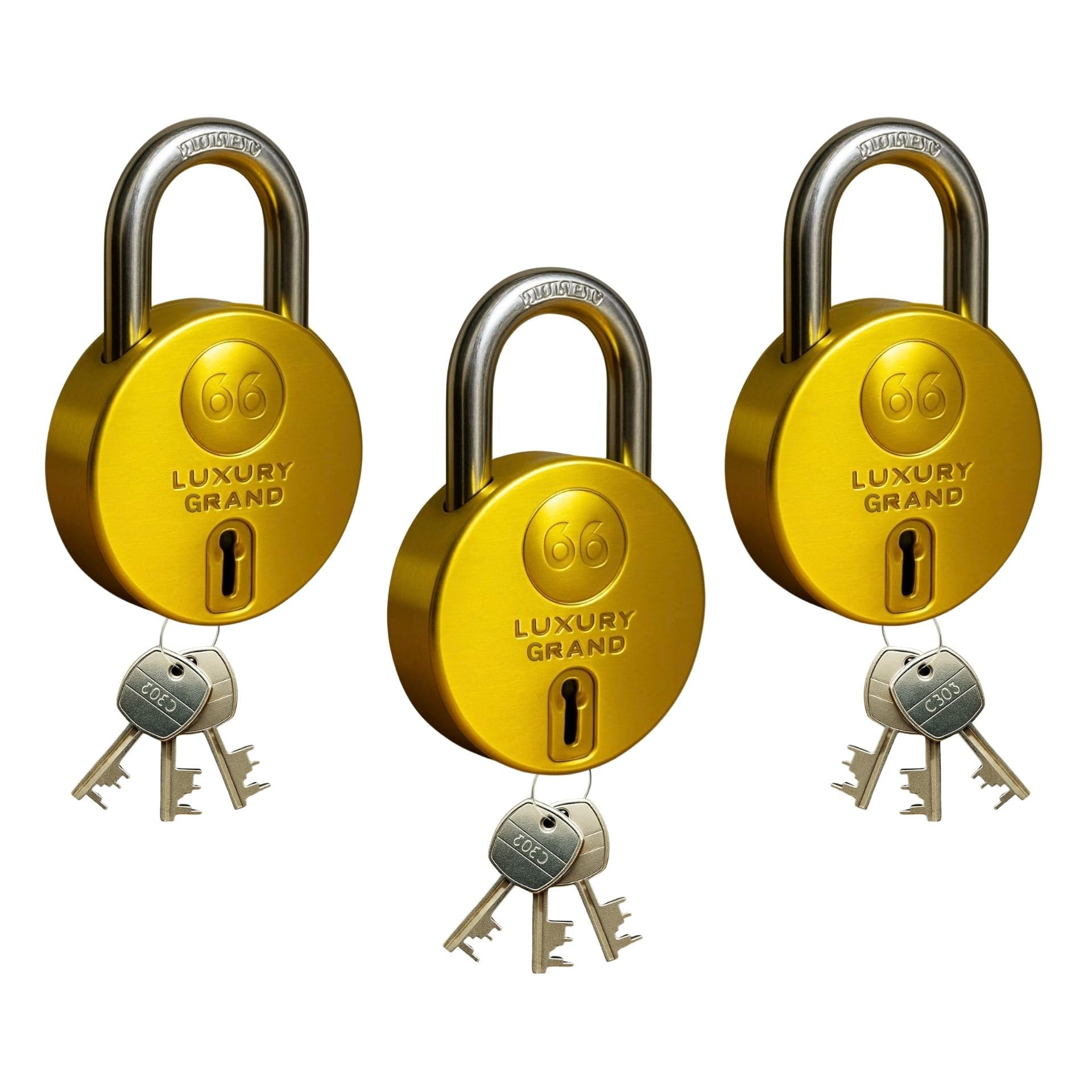 Luxury Grand Round 66mm 3 Padlock with 9 Keys, 9 Steel Levers Double Locking, Strong Hardened Corrosion Resistant Shackle Lock and Keys for Home Door Shutter Shop Office Main Gate Gold Finish-image-43