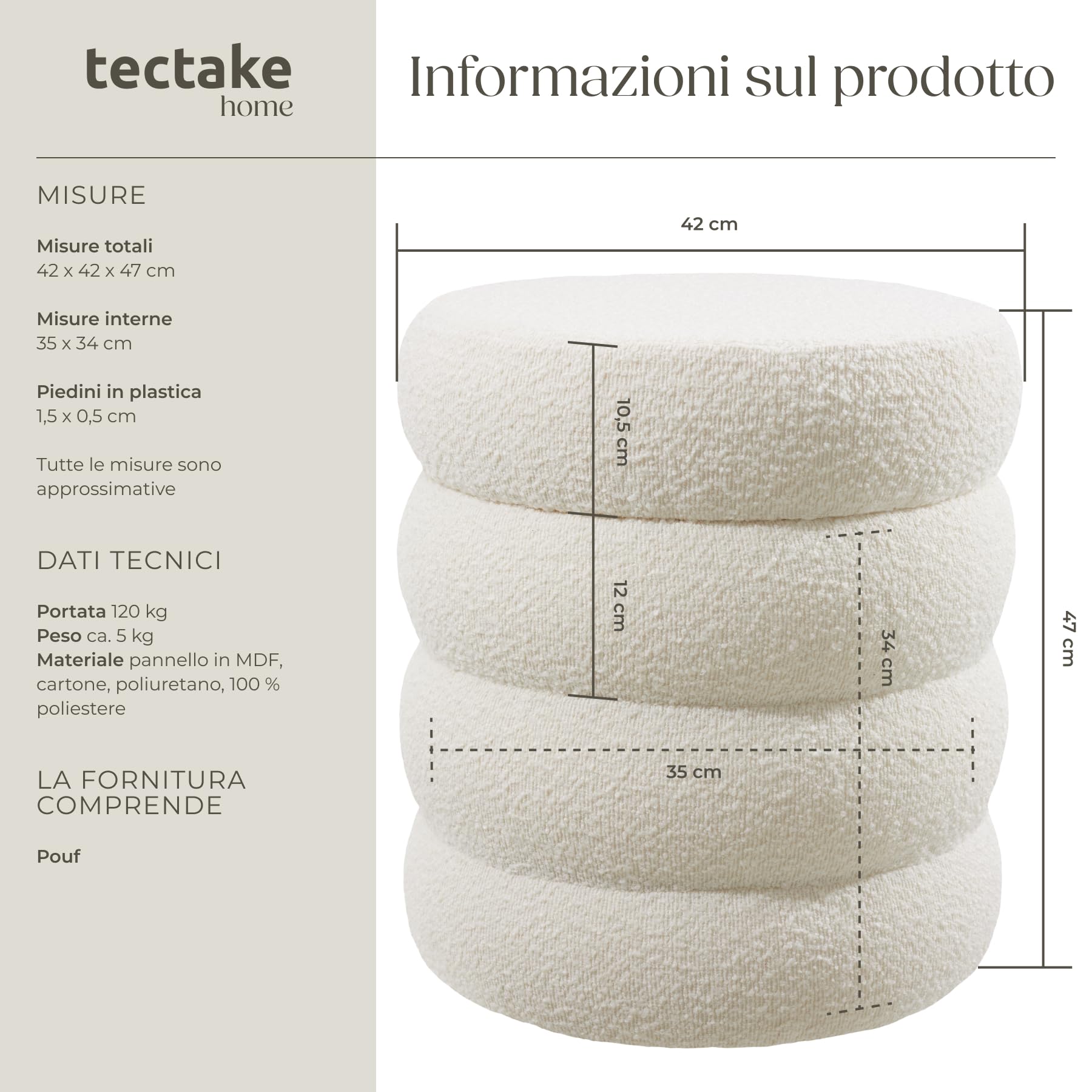 tectake® Pouf Contenitore, Ø 42 x 47 cm, Sgabello Imbottito con Rivestimento Bouclé, Pouf Stile Scandinavo per Camera da Letto e Salotto, Coperchio Rimobivile, Poggiapiedi - Bouclè Crema/Bianco