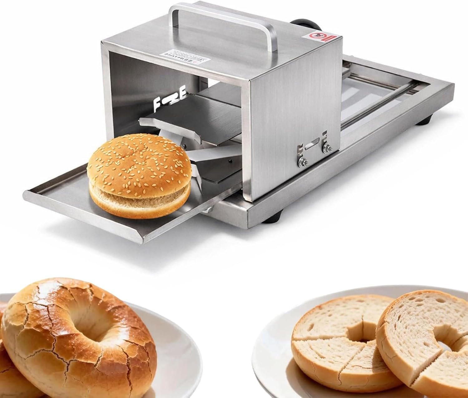 Commercial Manual Bagel Slicer with Safety Shield, Features a Sharp Stainless Steel Blade for Effortlessly Even Cuts on Bagels, Buns, and English Muffins