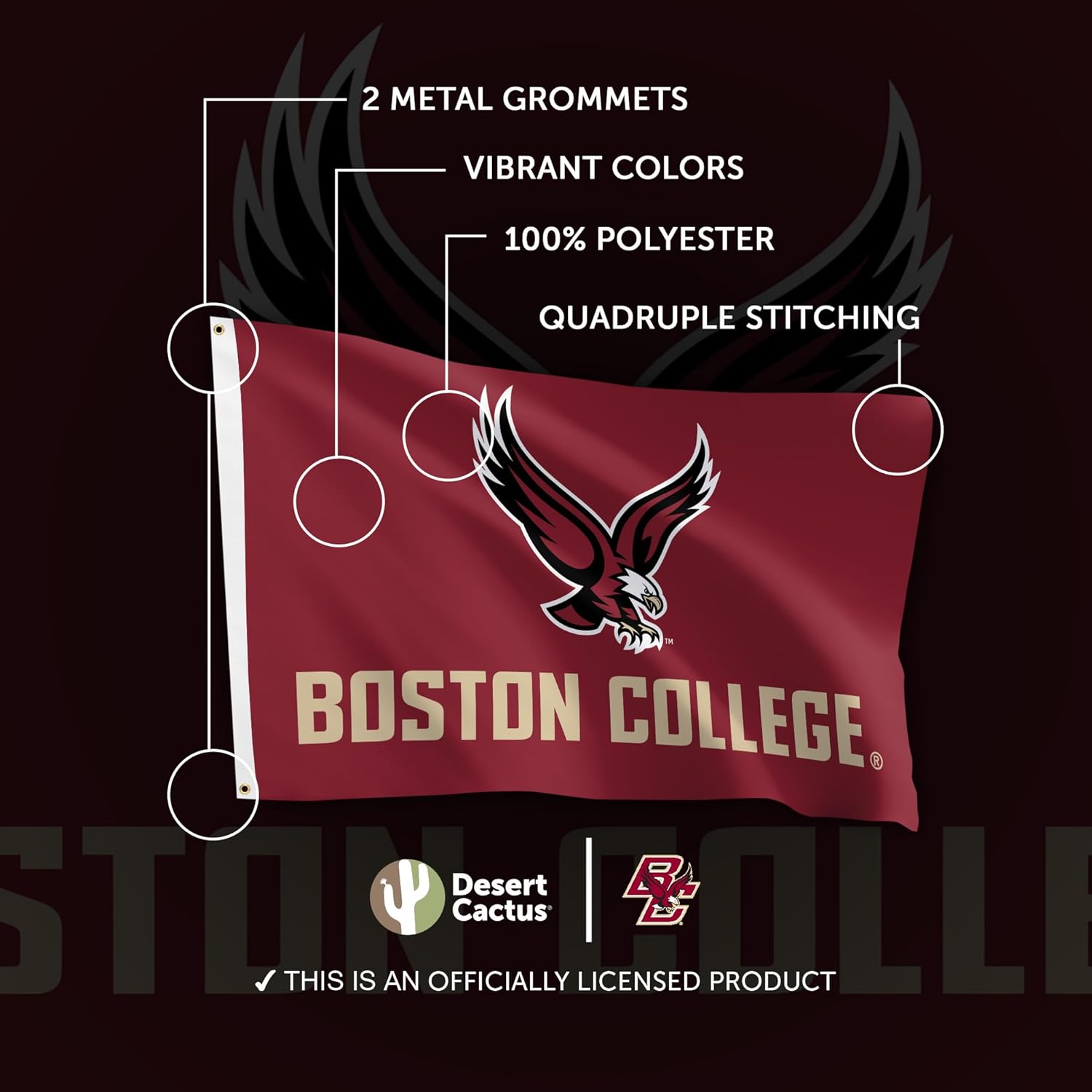 Desert Cactus Boston College BC Flag - 3 x 5 Feet Eagles Banner, Indoor/Outdoor Durable Fabric, 100% Polyester Design (Style 3)