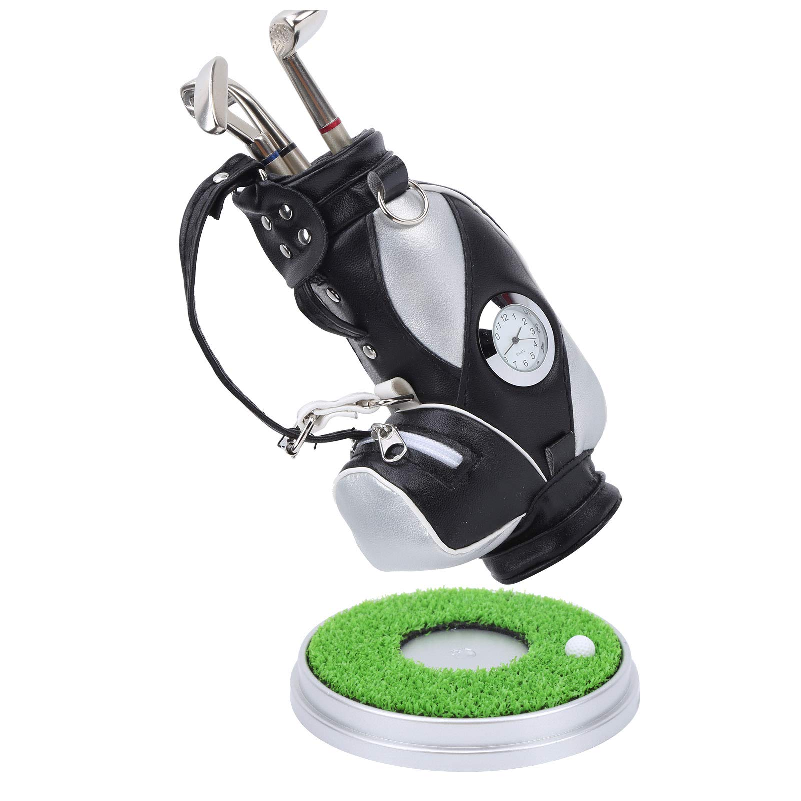 RiToEasysports Golftaschenstifthalter und -Basis, Mini Desktop Golftaschenstifthalter Miniaturmodell Dekoration Neuheit Geschenkset,Golf Stifte Geschenkset(Schwarzes Silber)