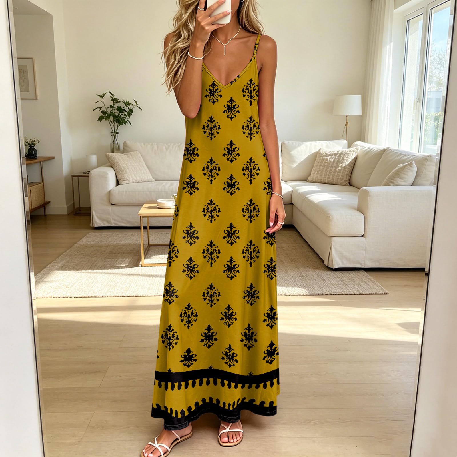Vestito Donna Lungo Estivo Abito Estivo da Donna alla Moda e Casual con Scollo a V e Maniche Lunghe, Ideale per Vacanze al Mare o in Resort. Vestito in Lino