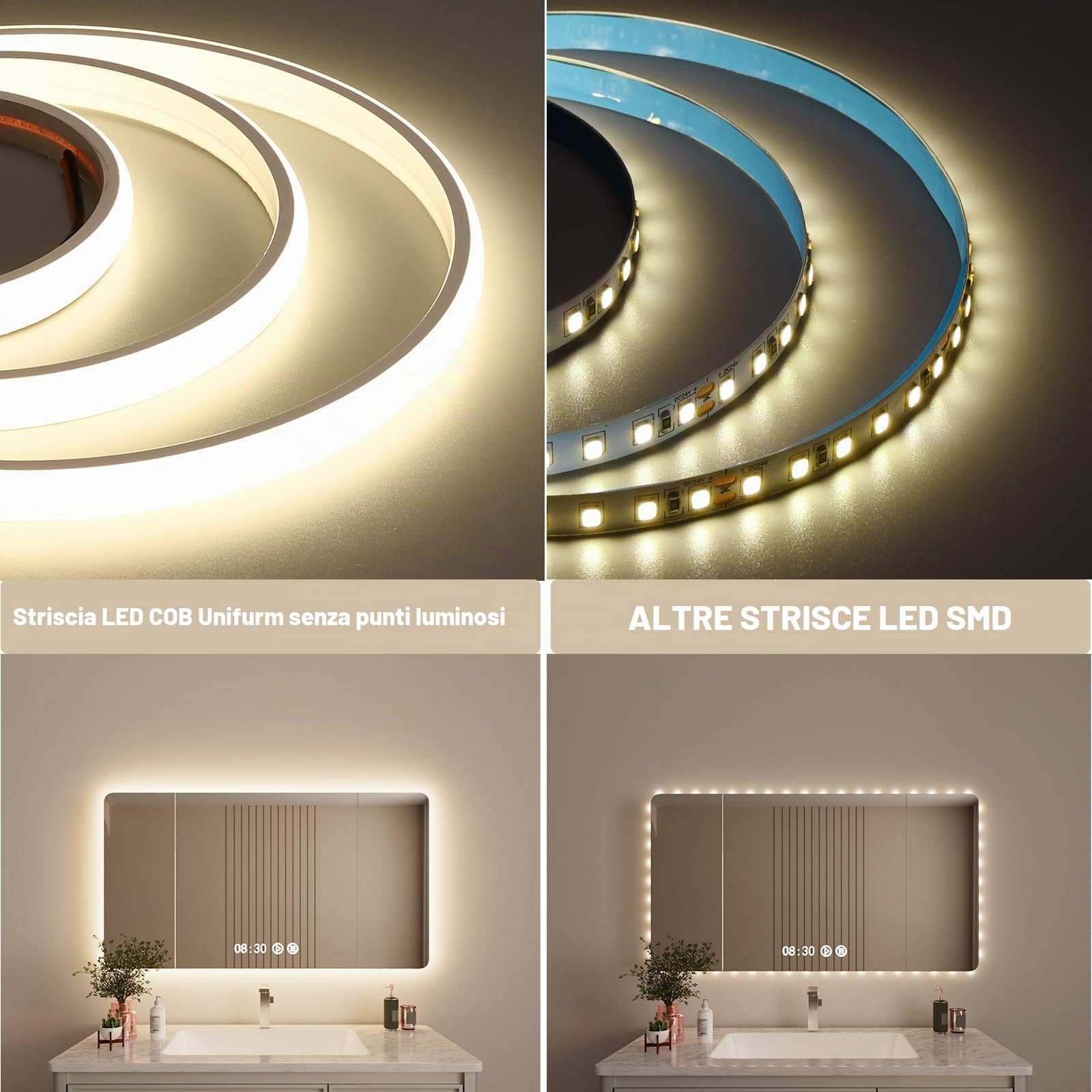 TOPAI Striscia LED 24V COB 5M Bianco Naturale 4000K Impermeabile IP67 | Diffuso Neon Strip LED Alta Luminosità 11W/M CRI>90, Autoadesiva Tagliabile uso Interno ed Esterno