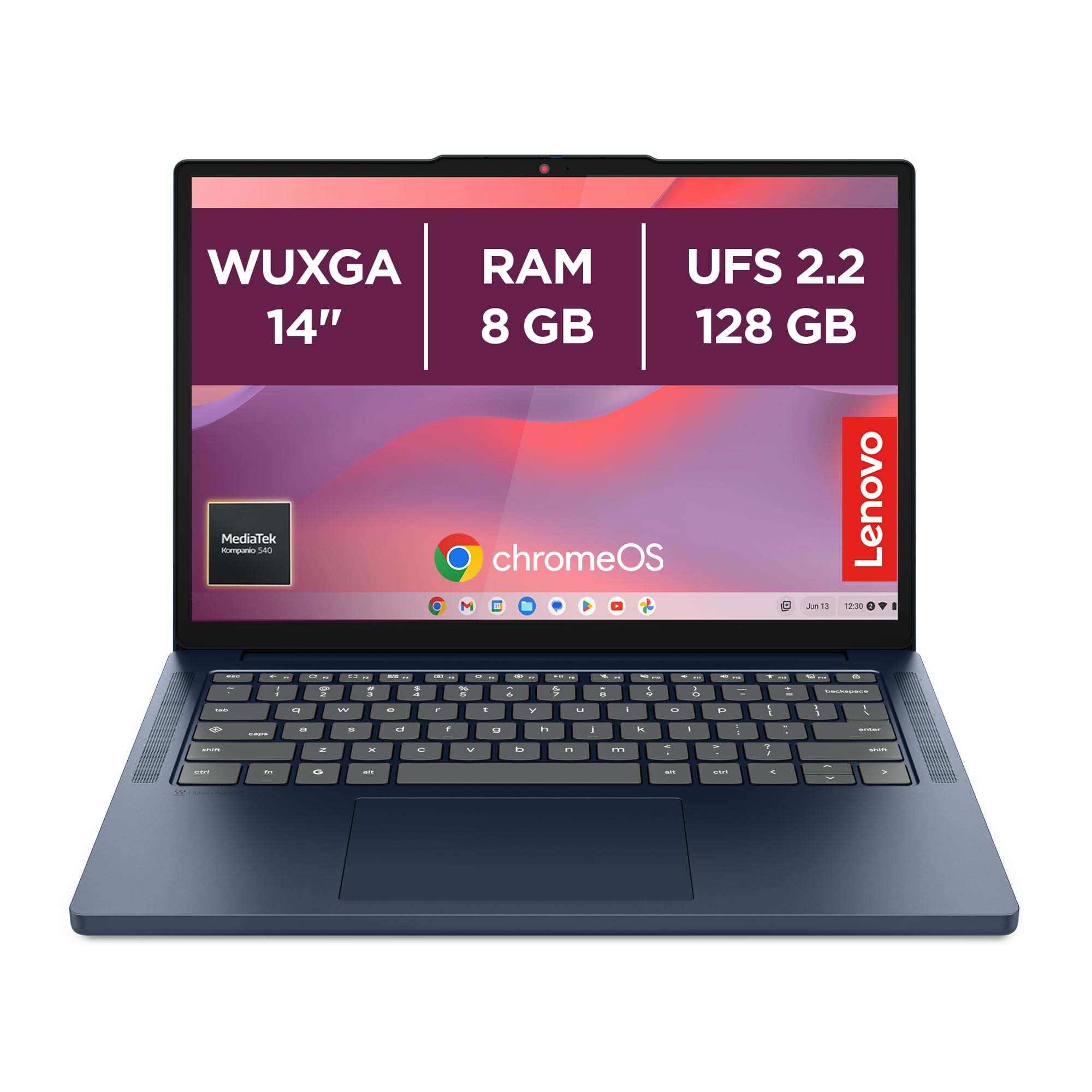 Lenovo Chromebook m Laptop | 14" WUXGA Touch Display | MediaTek Kompanio 540 | 8GB RAM | 128GB SSD | ARM Mali-G57 MC3 Grafik | ChromeOS | QWERTZ | exkl. Farbe in Cosmic blau | 3 Monate Premium Care