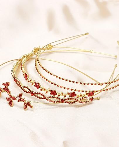 Miniatura 6 de Wecoe Diadema de cristal con diamantes de imitación rojos, para novia, boda, diadema de cristal, hojas y mariposas, para mujeres y niñas