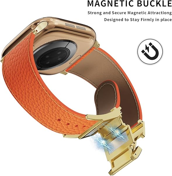 Leather Watch Band with Magnetic Buckle,Dressy Apple Watch Ultra Leather Band Rugged Durable Replacement Strap for Men & Women - 3