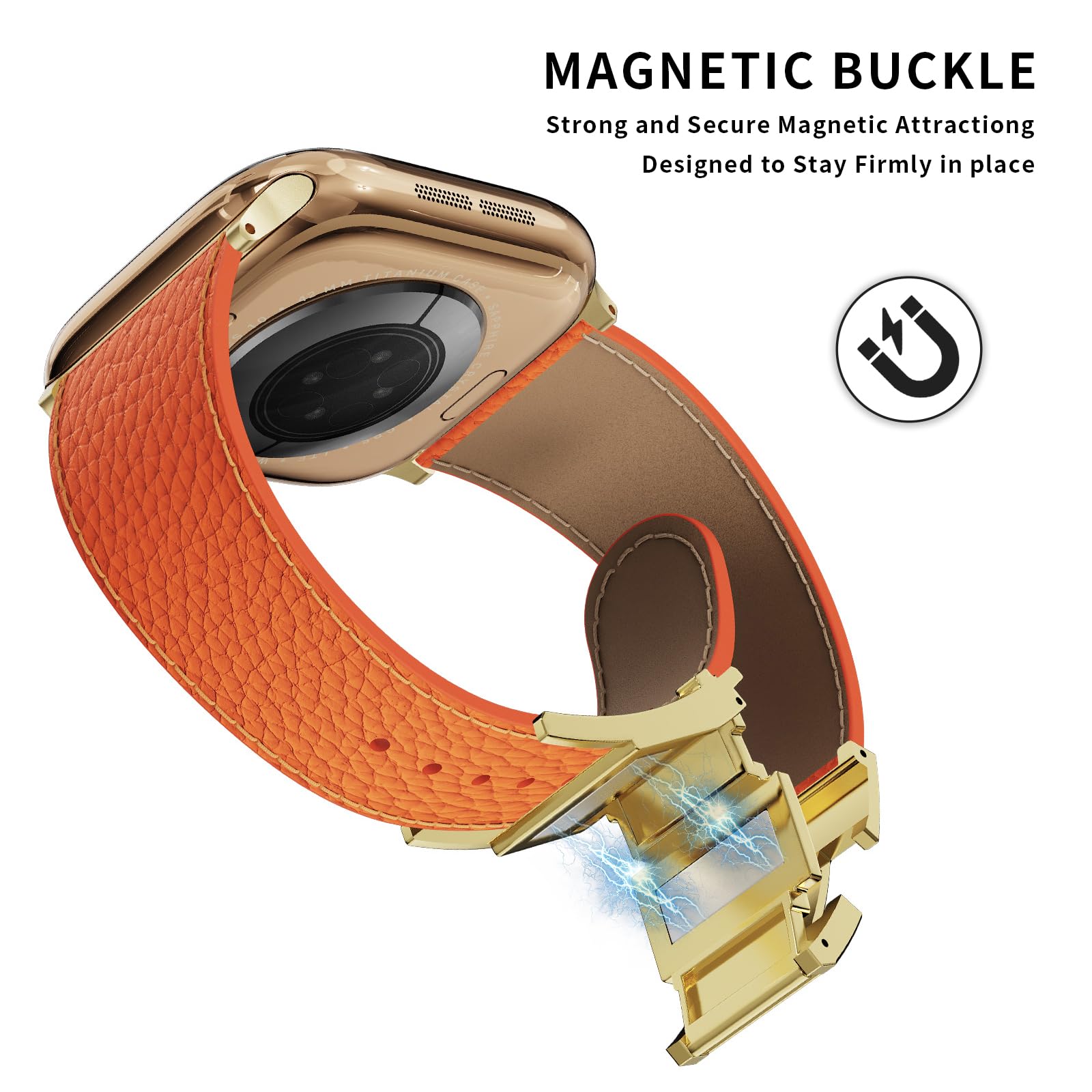 Leather Watch Band with Magnetic Buckle,Dressy Apple Watch Ultra Leather Band Rugged Durable Replacement Strap for Men & Women — view 3