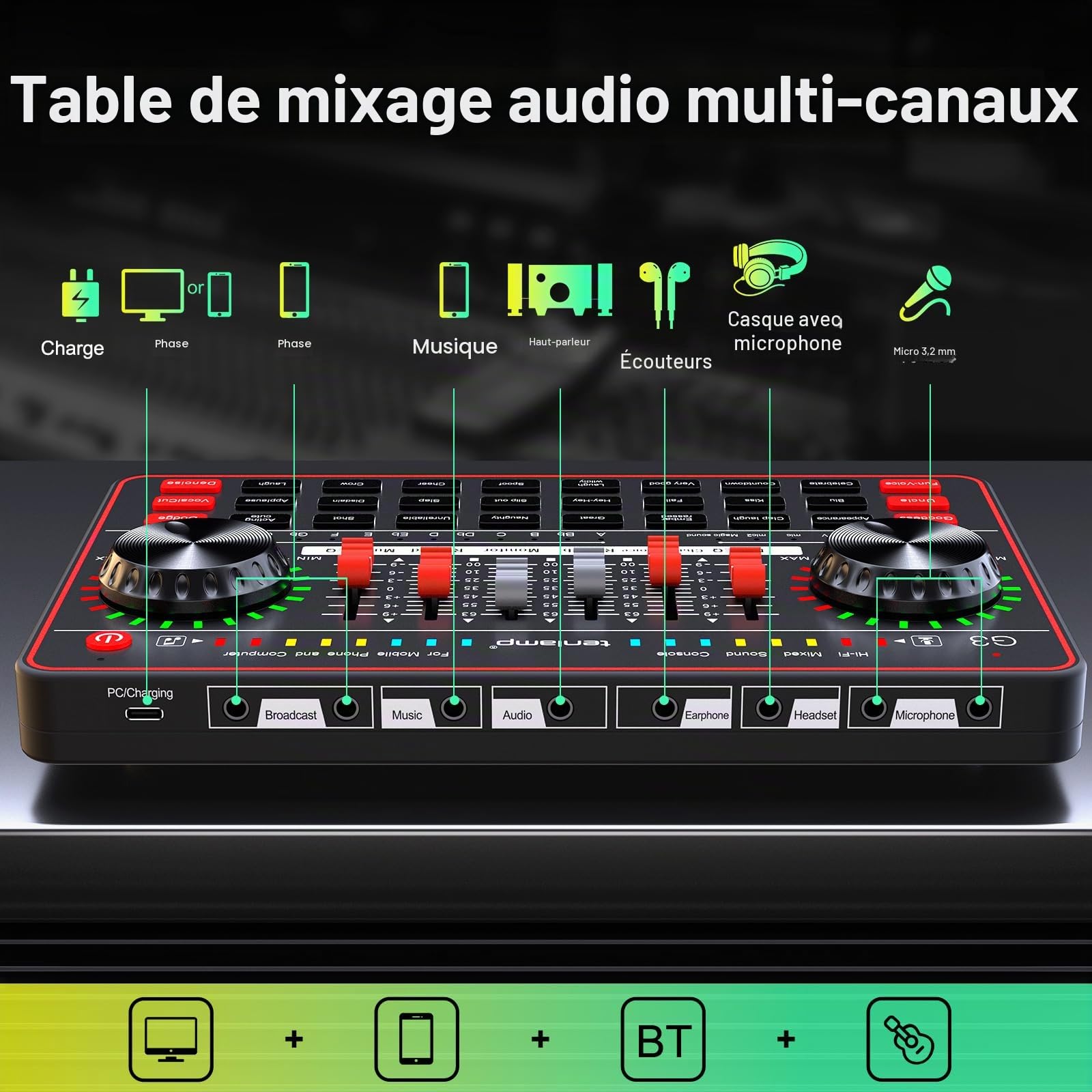 TENLAMP G3 Kit Podcast – Table de Mixage Live Sound Board, Micro Condensateur 3,5mm avec Support, Changeur de Voix, Réduction de Bruit – pour PC, Smartphone, Streaming & Création de Contenu