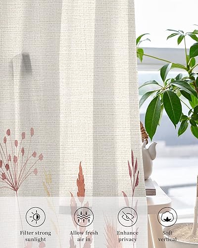 Miniatura 4 de Cortinas traslúcidas con diseño de hojas y flores de granja de 39 pulgadas de largo, juego de 2 paneles de cortinas para cocina, dormitorio, sala de