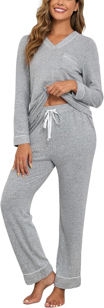 HALCYEEN Womens Pajamas Sets Long Sleeve V Neck Pjs Soft Loungewear Sets 2 Piece Sleepwear Nightwear with Pockets S-XXL