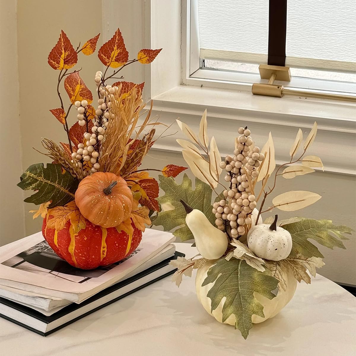 Assorted Artificial Pumpkins Decorations, White Fall Harvest Decor Set with Maple Cone Vegetables for Table Centerpiece, Thanksgiving, Halloween, Wreaths, Autumn Party Harvest, 4.92×11.4in