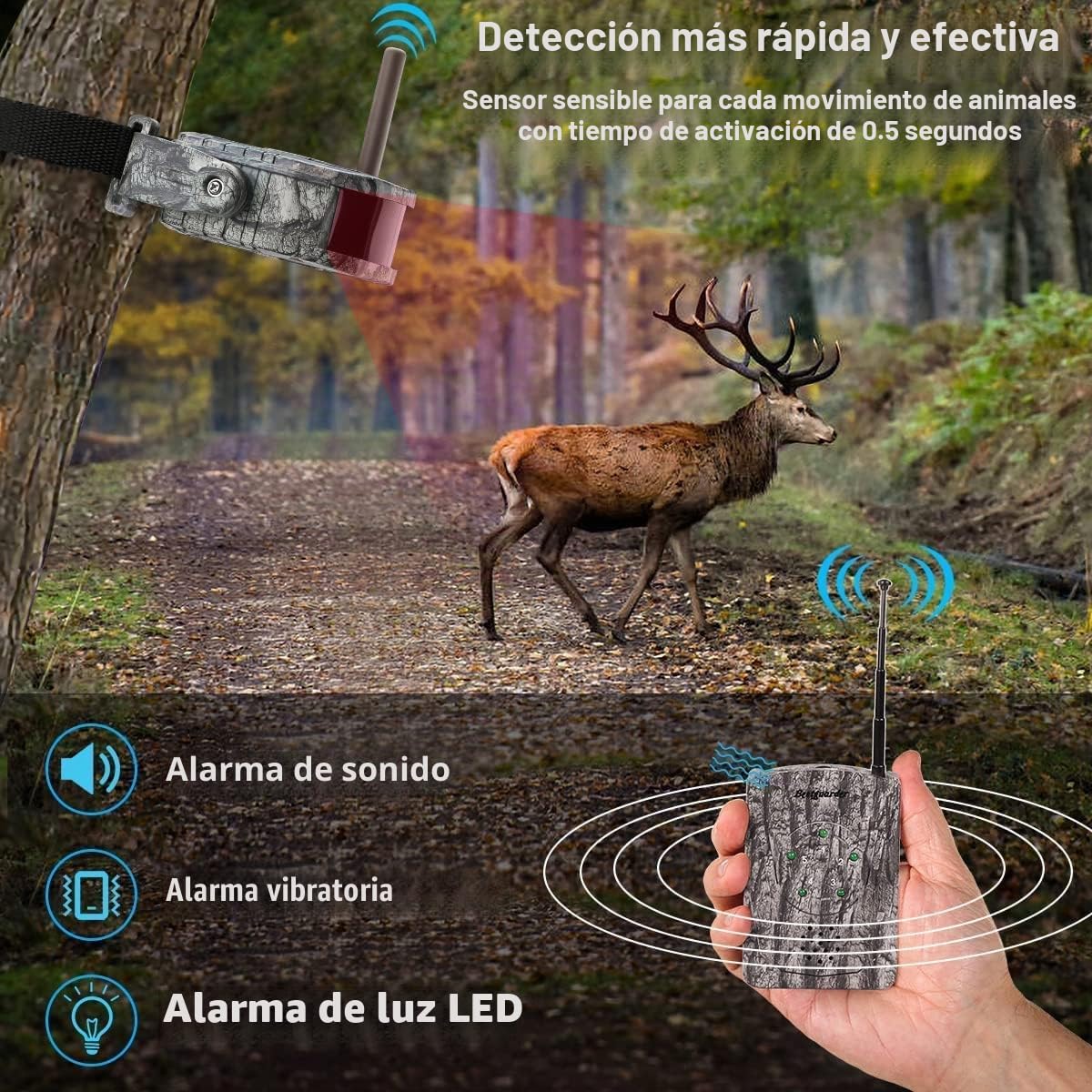 Detector Movimiento Inalambrico, Caza con Alarma en Reloj Alcance hasta 300m Sensor Detectores de Movimiento con Sonido y Vibración Seguimiento de Animales Alarma (1 Receptor Y 5 Detectore)