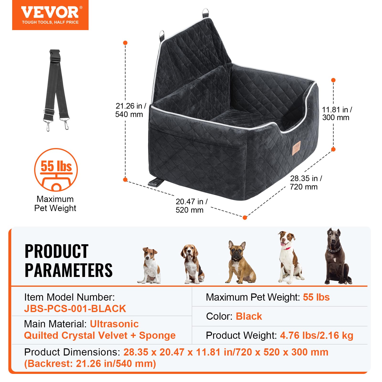VEVOR Dog Car Seat Booster Seat with High Back, Storage Pocket, Clip-On Safety Leash, PP Cotton Filling, Car Bed for Small Dogs up to 20lbs, Dark Gray — view 7