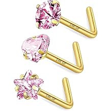 3 Pcs 14K Gold Filled Nose Studs 20G Stainless Steel Stud Nose Ring 2mm/2.5mm/3mm Round CZ L Bend Nose Stud Hypoallergenic Nose Piercing