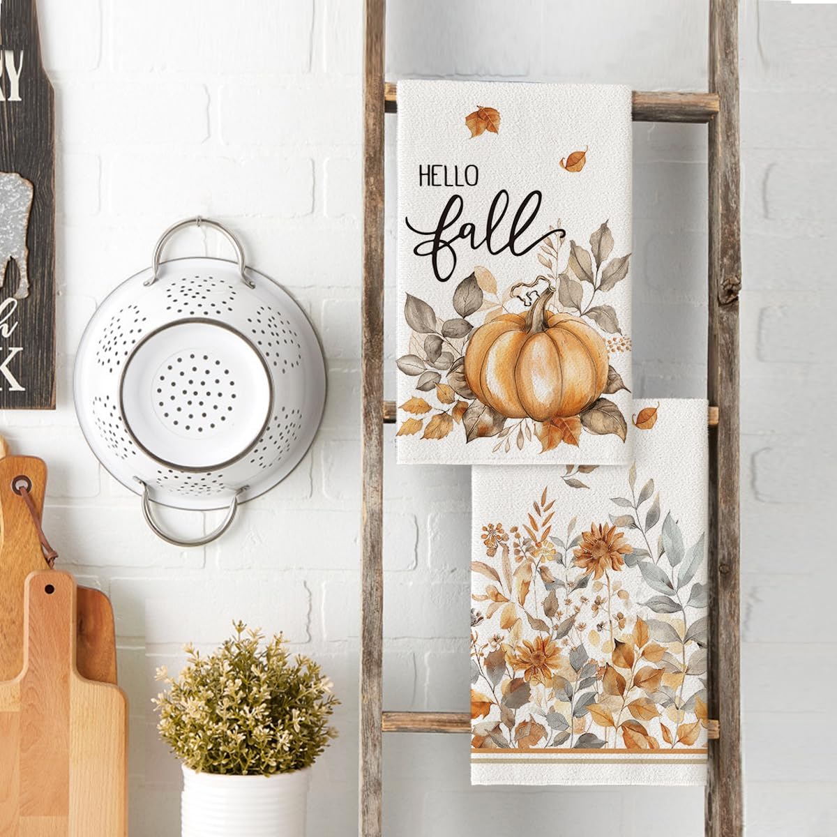 Artoid Mode Pumpkin Hello Fall Kitchen Towels Dish Towels, 18x26 Inch Autumn Floral Leaves Thanksgiving Decoration Hand Towels Set of 2 - Image 3
