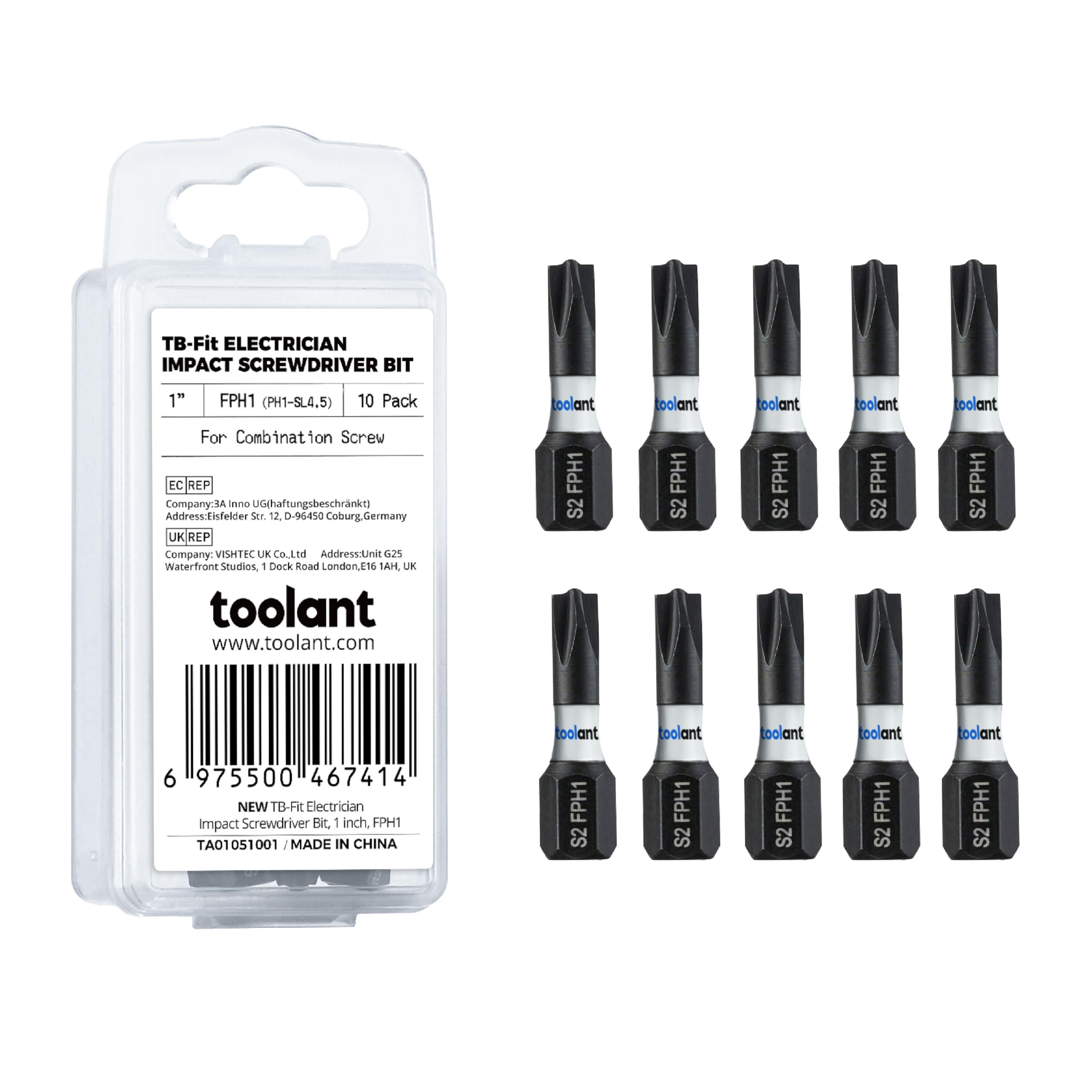 toolant TB-Fit Electrician Impact Screwdriver Bit Set, 10pcs FPH1 (PH1-SL4.5) 1 Inch Long, 1/4” Hex-Shank S2 Steel Hex Bits Set, CNC Machined Tips with Magnetism1 inch,