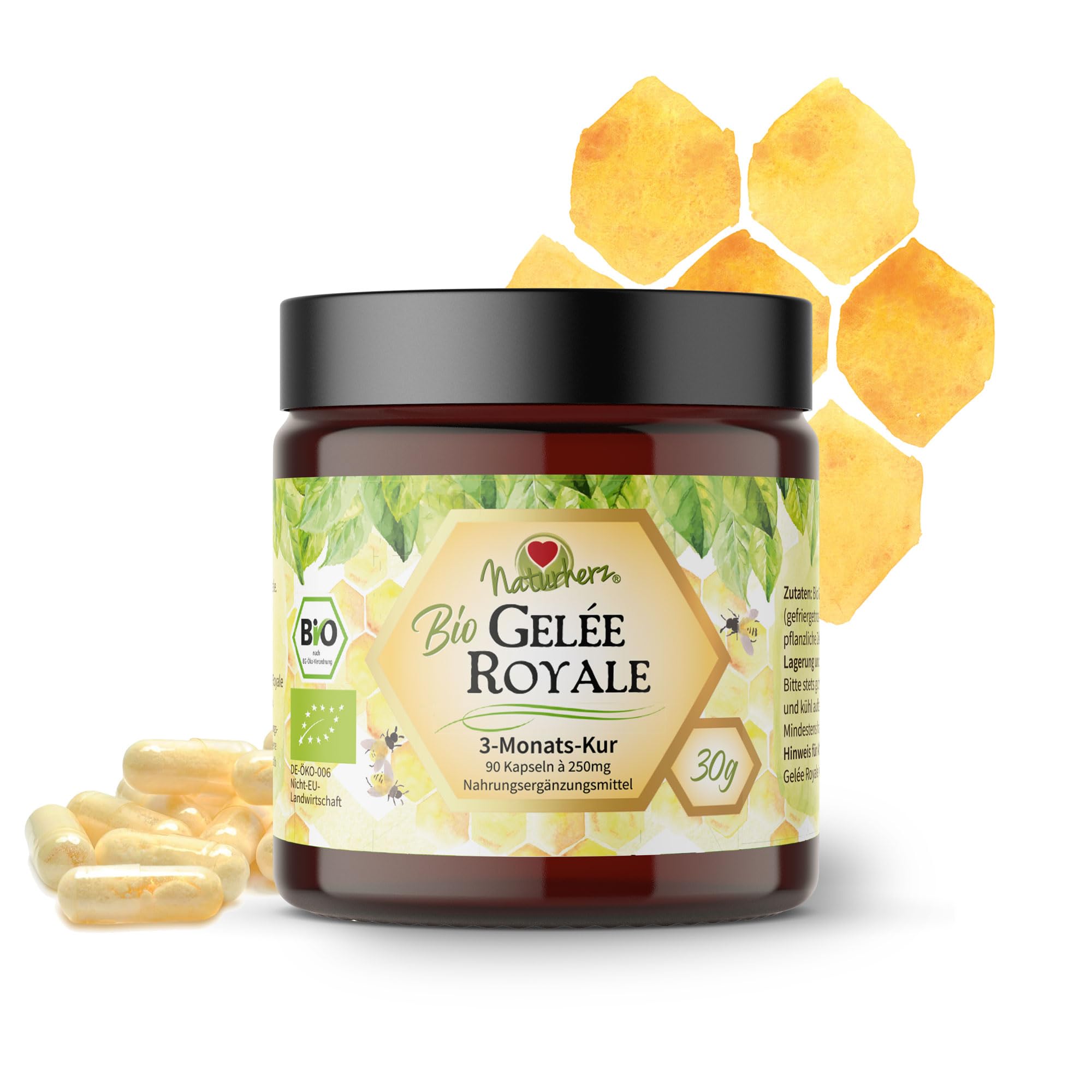 Bio Gelee Royal Kapseln von Naturherz | 100% Gelee Royal Pulver | OHNE Zusätze | 90 Vegi-Caps im praktischen Braungläschen