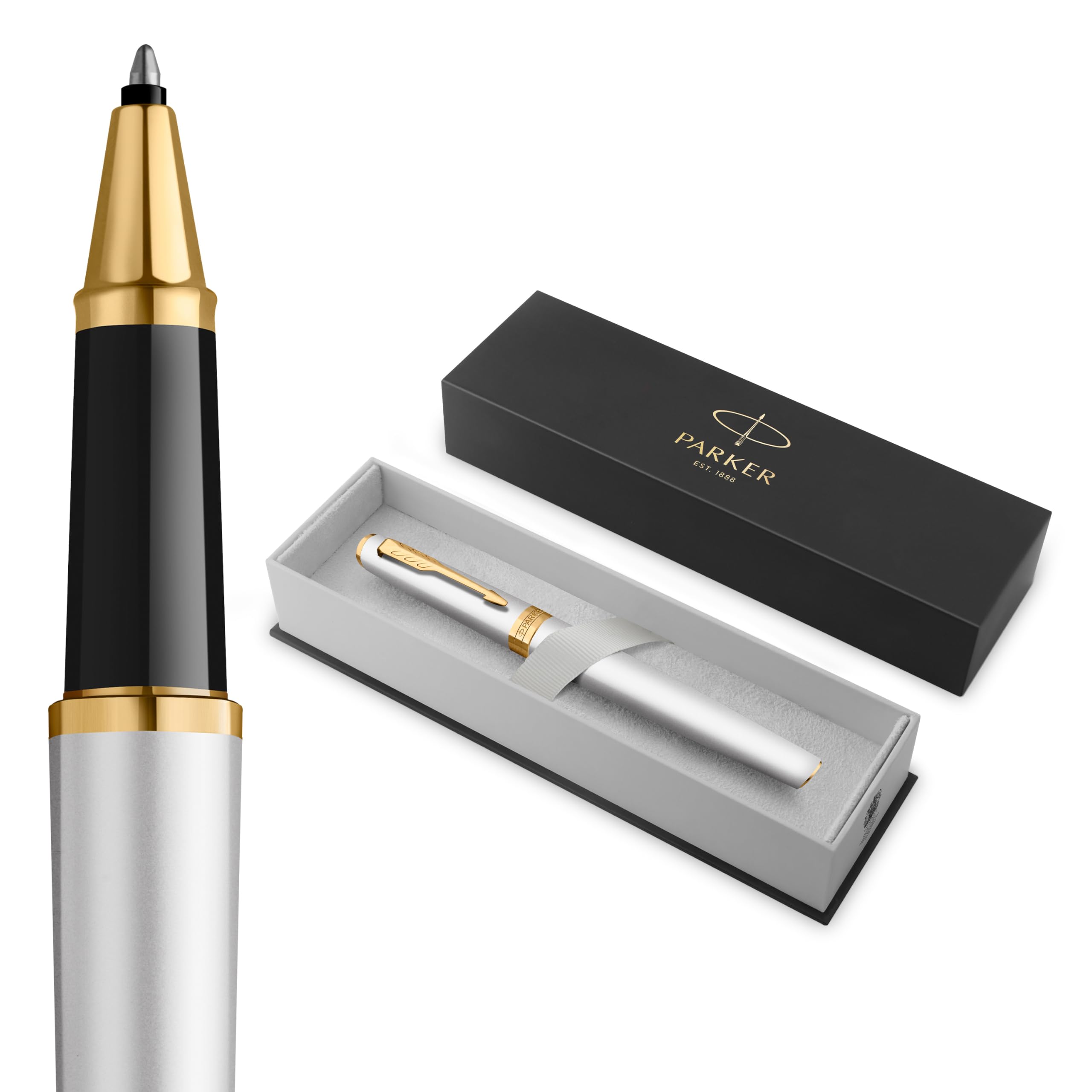 Parker Meridian Stylo roller | Laque chromée avec garnitures dorées | Plume fine | Stylos pour l'écriture et Fournitures de papeterie | Encre noire | Boîte cadeau de luxe