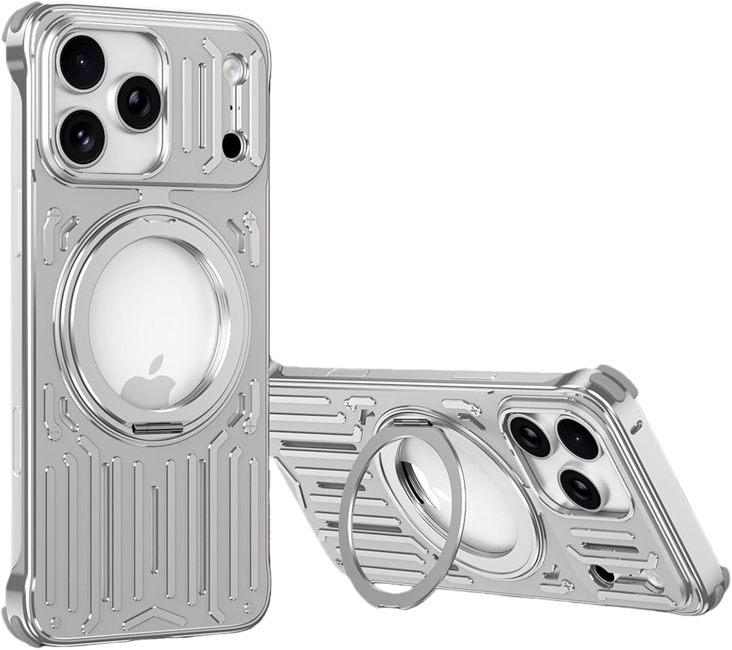 Mecha-Style Aluminum Case for iPhone 17 Pro, with 360° Ring Stand, Vented Backplate, Cushion Corners, Compatible with Car-Mount-Friendly Magnetic, Silver
