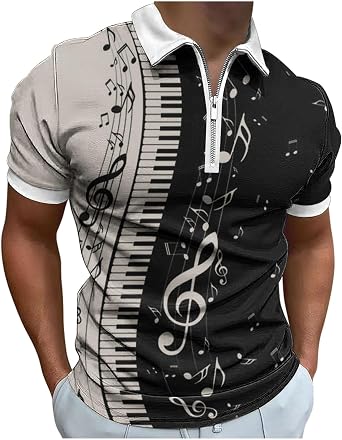 Zeiyignr Mens Short Sleeve Zipper Casual Slim Fit Piano Music Printed Golf Polo Shirt Summer Casual Music Festival Tops