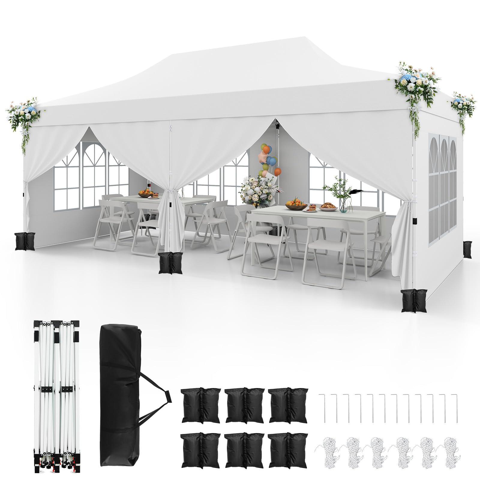 COSTWAY 3m x 6m Pop Up Gazebo, Outdoor Garden Shelter with 6 Sidewalls and Carrying Bag, UPF50+ Waterproof Marquee Party Tent Wedding Awning Canopy (White, 600 x 300 x 296-316 cm)