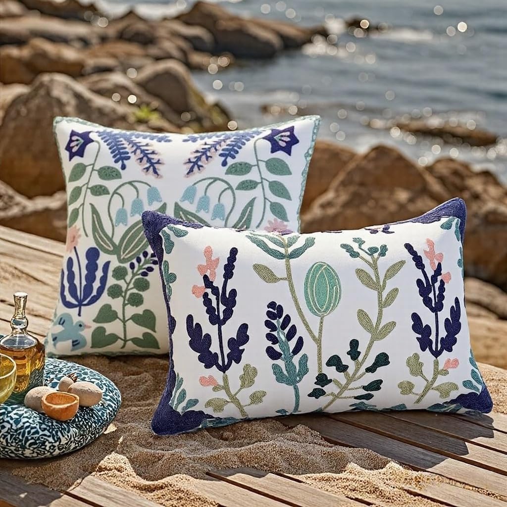 Embroidered Pillow Covers 18x18 Set of 2 Sage Green and Blue Floral Throw Pillows Decorative Farmhouse Spring Boho Accent Cushion Cases for Couch Sofa Bedroom Living Room Home Decor