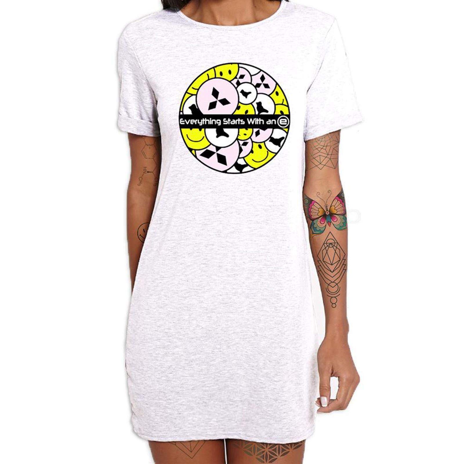 Double Good Garments Women's White Eveything Starts With An E Ecstasy Acid House Dance Music Rave Dj T-Shirt Dress (Medium, )