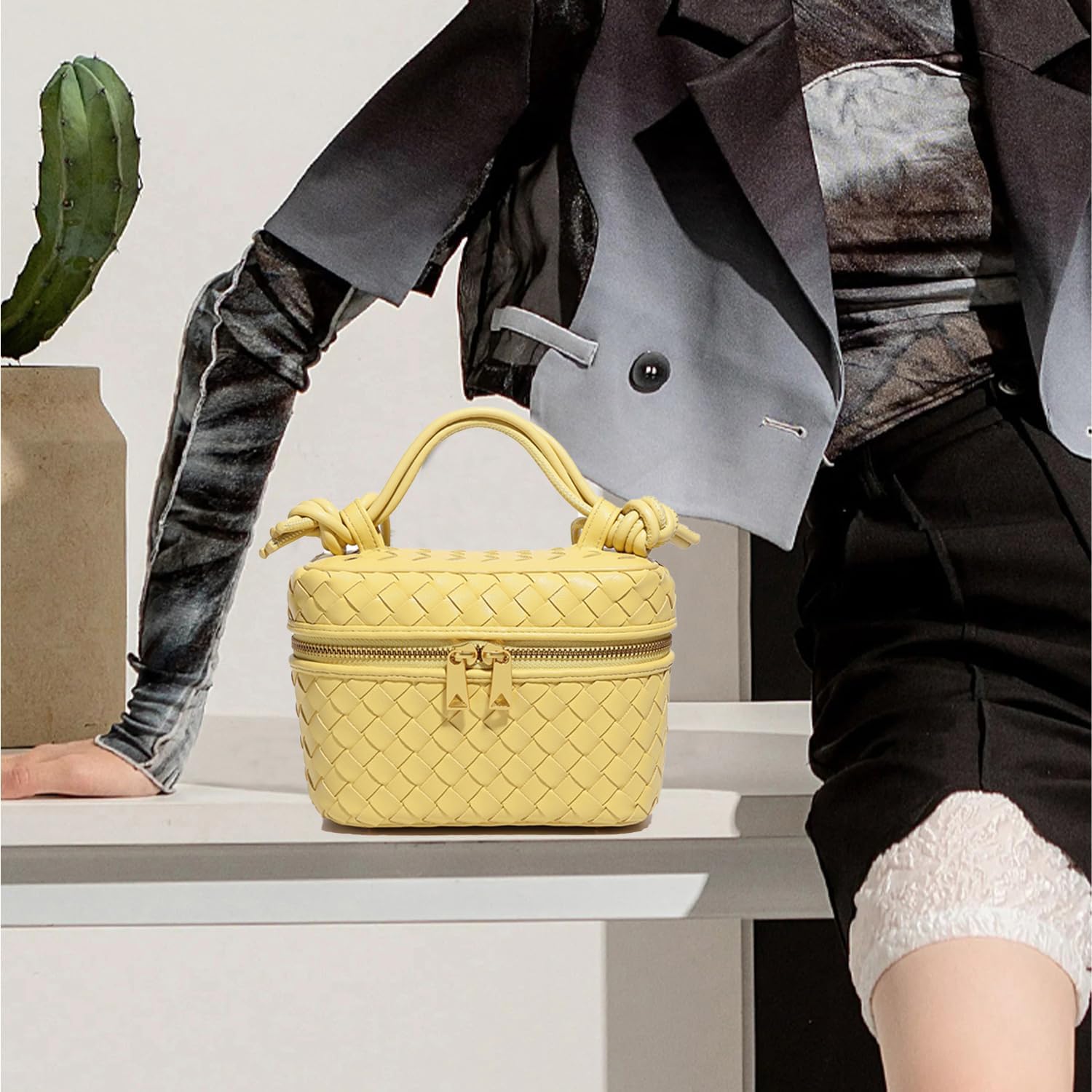Woven Crossbody Bag for Women Small Top-Handle Pouch Purse Square Box Shoulder Handbag with Adjustable Strap