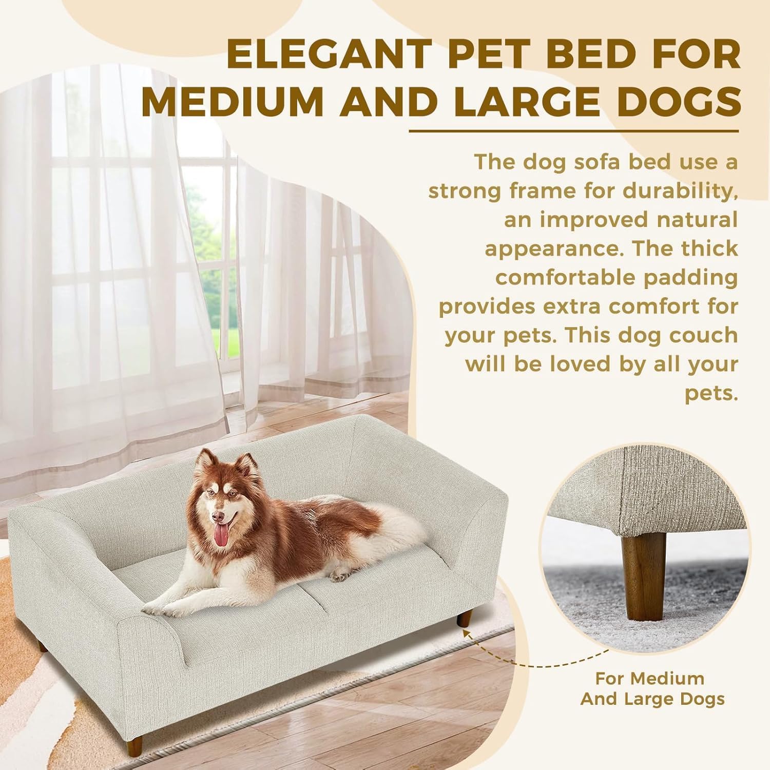 Dog Sofa Couch for Medium Dogs, Memory Foam Dog Sofa Bed, Modern Elevated Pet Couch Bed with Wooden Legs for Medium Dogs, Dark Beige