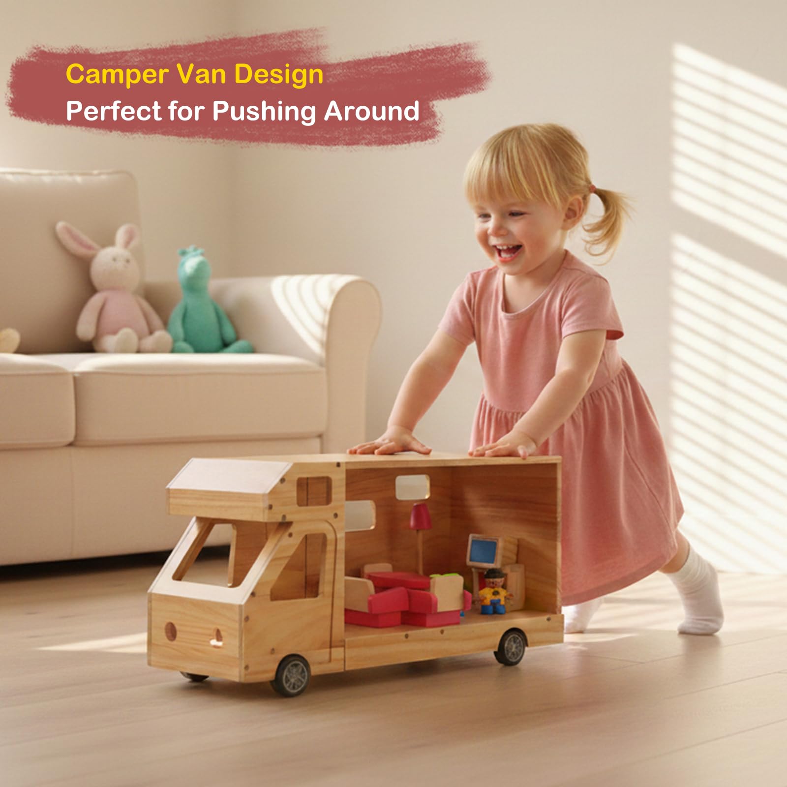 Wohnmobil, Puppenhaus für Kinder, Holz, rollendes Wohnmobil mit kompletten Möbeln | Reise Puppenhaus Spielzeug mit Miniaturräumen für Jungen & Mädchen Pretend Play Adventure Home