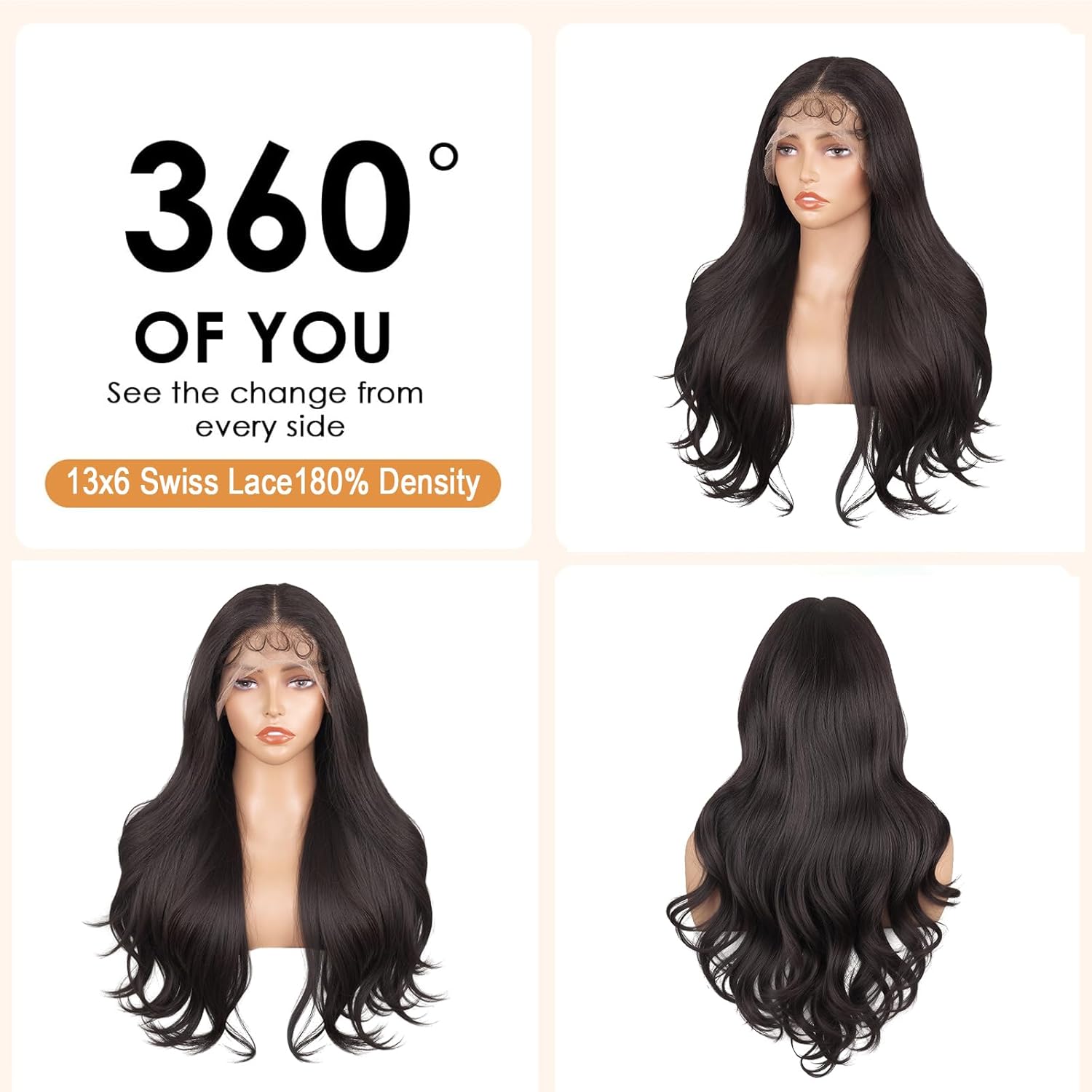 13x6 Synthetic Lace Front Wig 24" Long Straight Wig Natural Black Body Wave Synthetic Wigs for Black Women Pre-Plucked Glueless Wig for Daily Party Use
