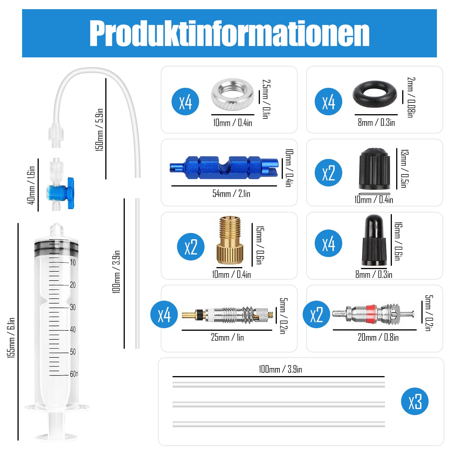 Strzykawka do uszczelniania opon rowerowych, 60 ml, zestaw do uszczelniania opon MTB i rowerów wyścigowych, w zestawie z usuwaczem rdzenia zaworu i adapterem rdzenia zaworu – akcesoria