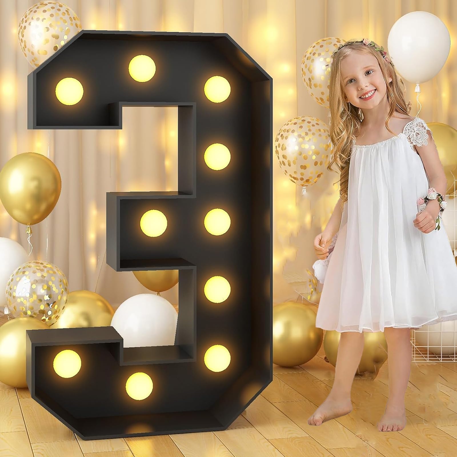 Tashace Marquee Numbers Light Up Letters Black Party Decoration for 1st 16th 18th 21st Birthday Anniversary Backdrop Cardboard Sign Mosaic Balloon Frame(Number 3,100cm/3FT)