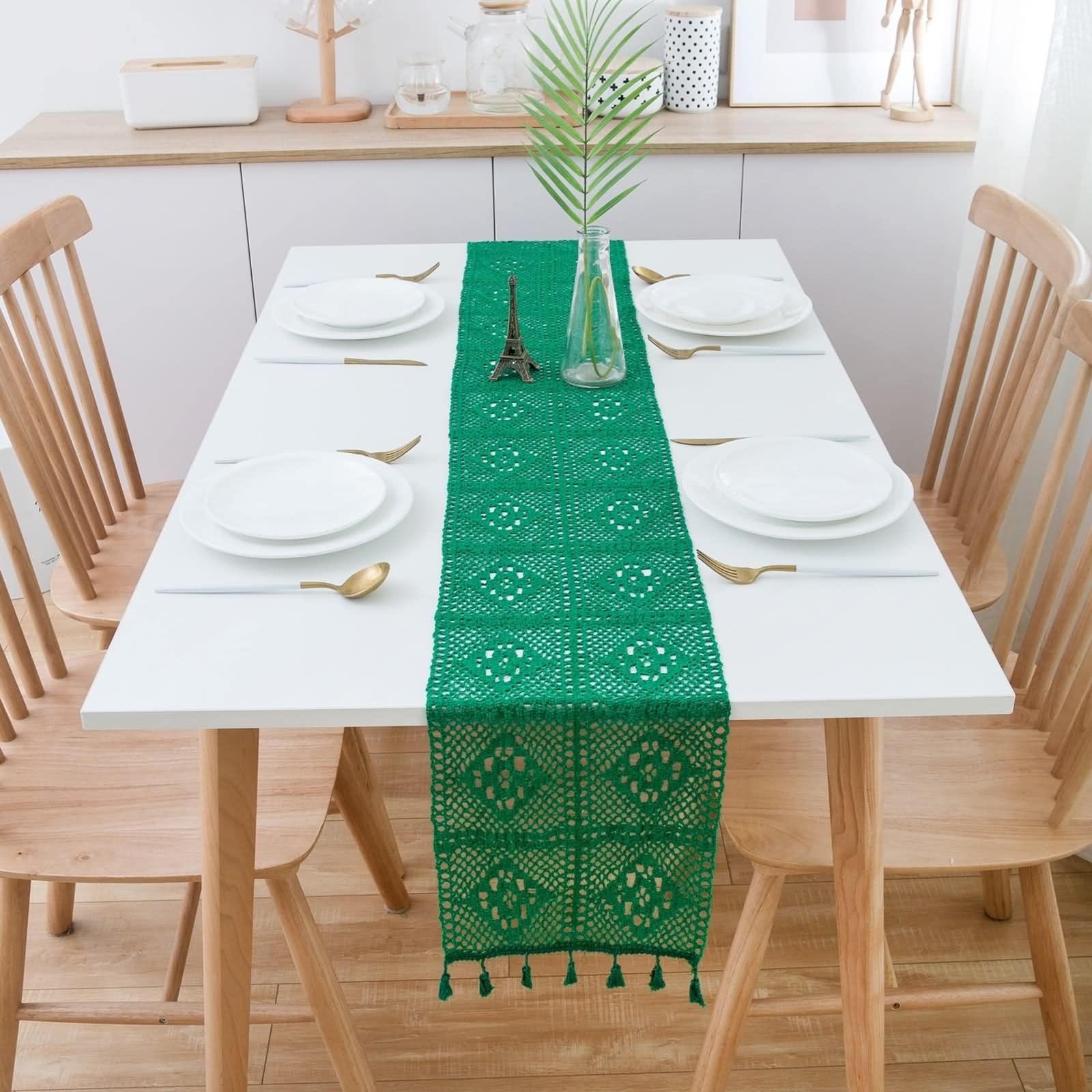 Camino de Mesa Grande, Centros Decorativos de Mesa Salon Flores de Encaje Ahuecadas Verde Sabana de Algodon 24x350CM