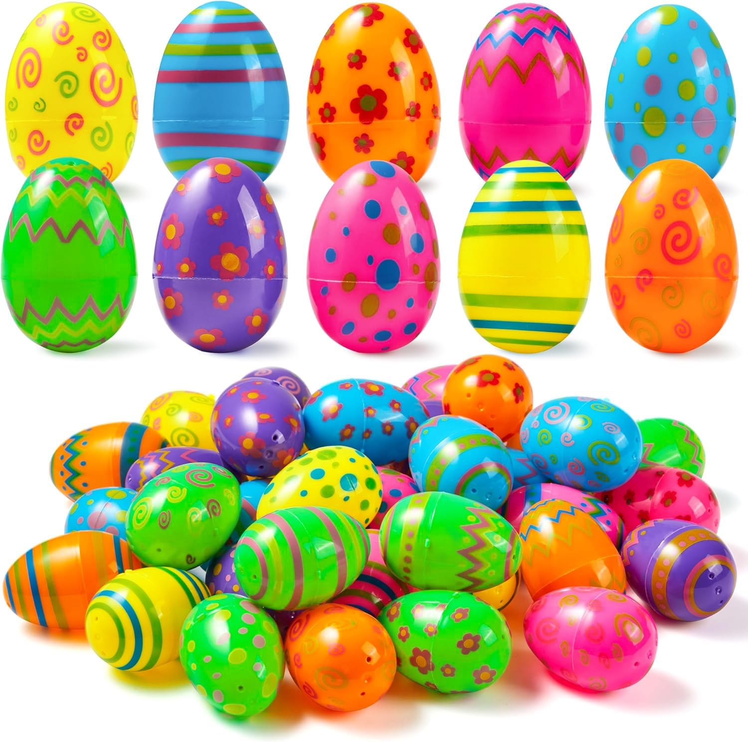 JOYIN 72PCS 2.3" Printed Empty Plastic Eggs, Bright Colorful Plastic Eggs Bulks for Festival Hunt, Filling Treats, Party Favor, Basket Stuffers, Classroom Prize Supplies