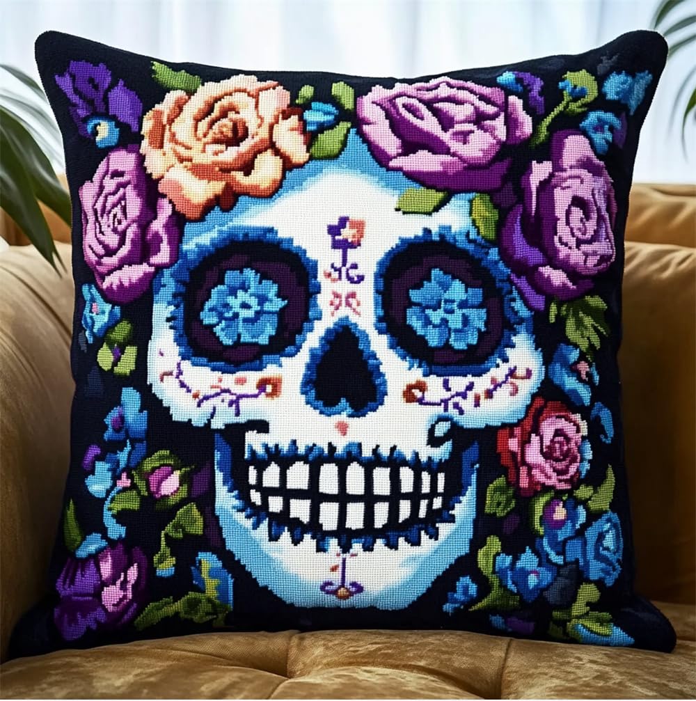 ORLUMY Latch Hook Cushion Kits for Adults Sugar Skull Latch Hook Kit Hanging Needlework Pillow Cover Latch Hook Carpet Kit 17X17 Inch