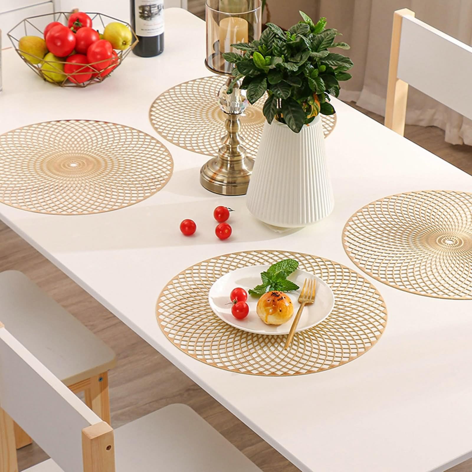 Set di 6 tovagliette vintage da bistrot, 38 cm, Placemats for Dining Table Gold rotondo, motivo floreale in PVC