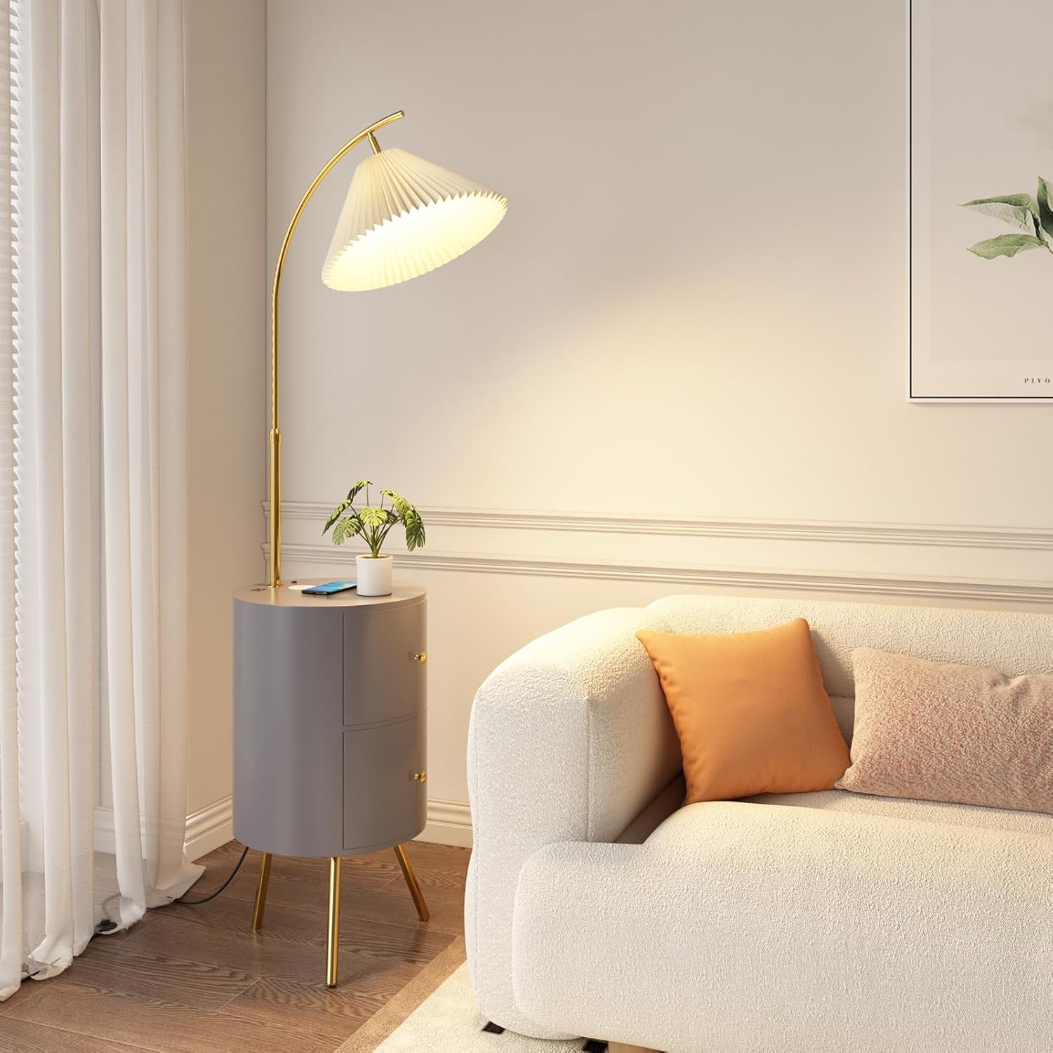 wangpengkai Grey Round Nightstands with 2 Drawers & Wireless Charging Station,1usb &1type-C,Small End Table Attached Arched Lamp for Living Room/Bedroom/Reading