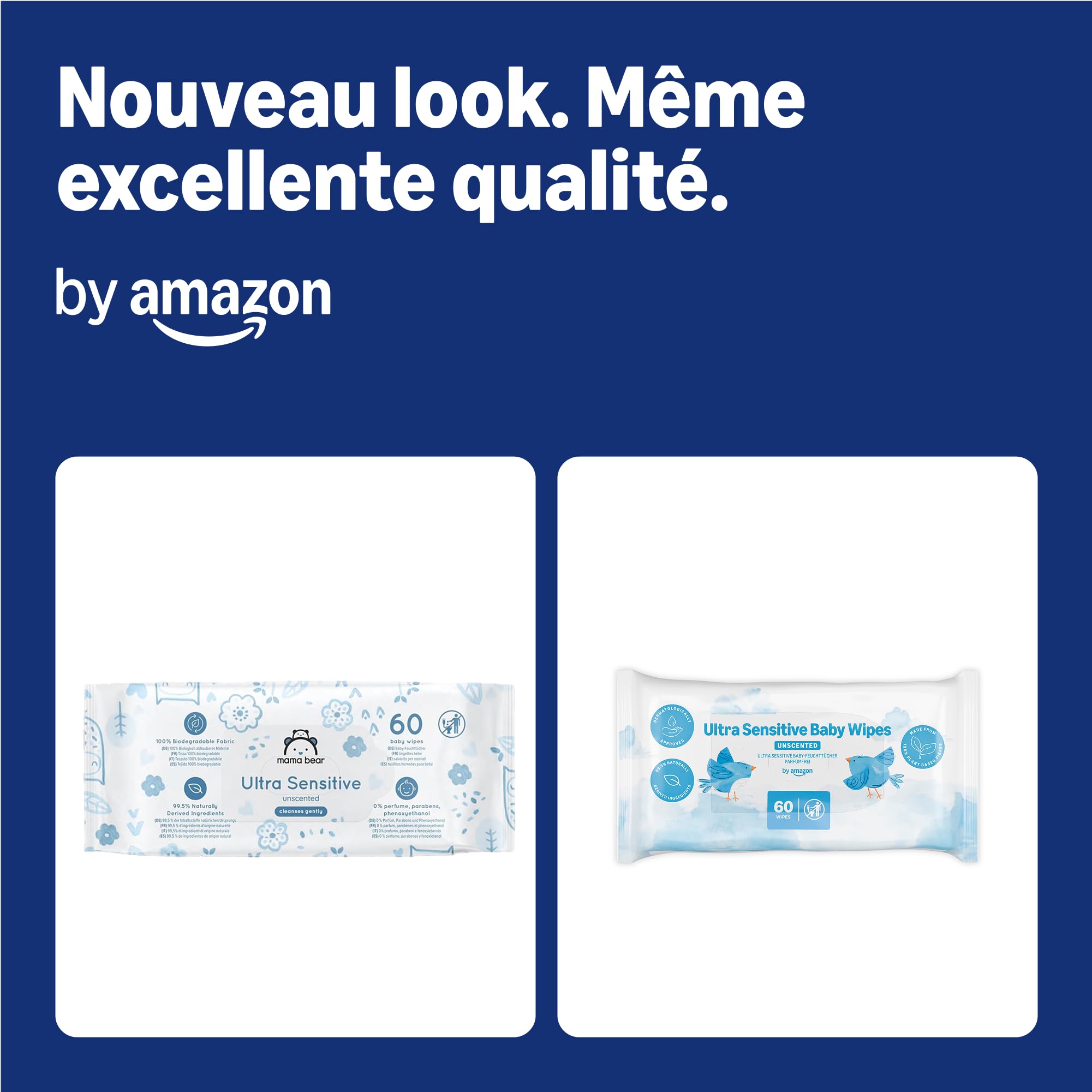 by Amazon Lingettes bébé ultra-douces, 1080 lingettes, non parfumées, lot de 18 paquets de 60