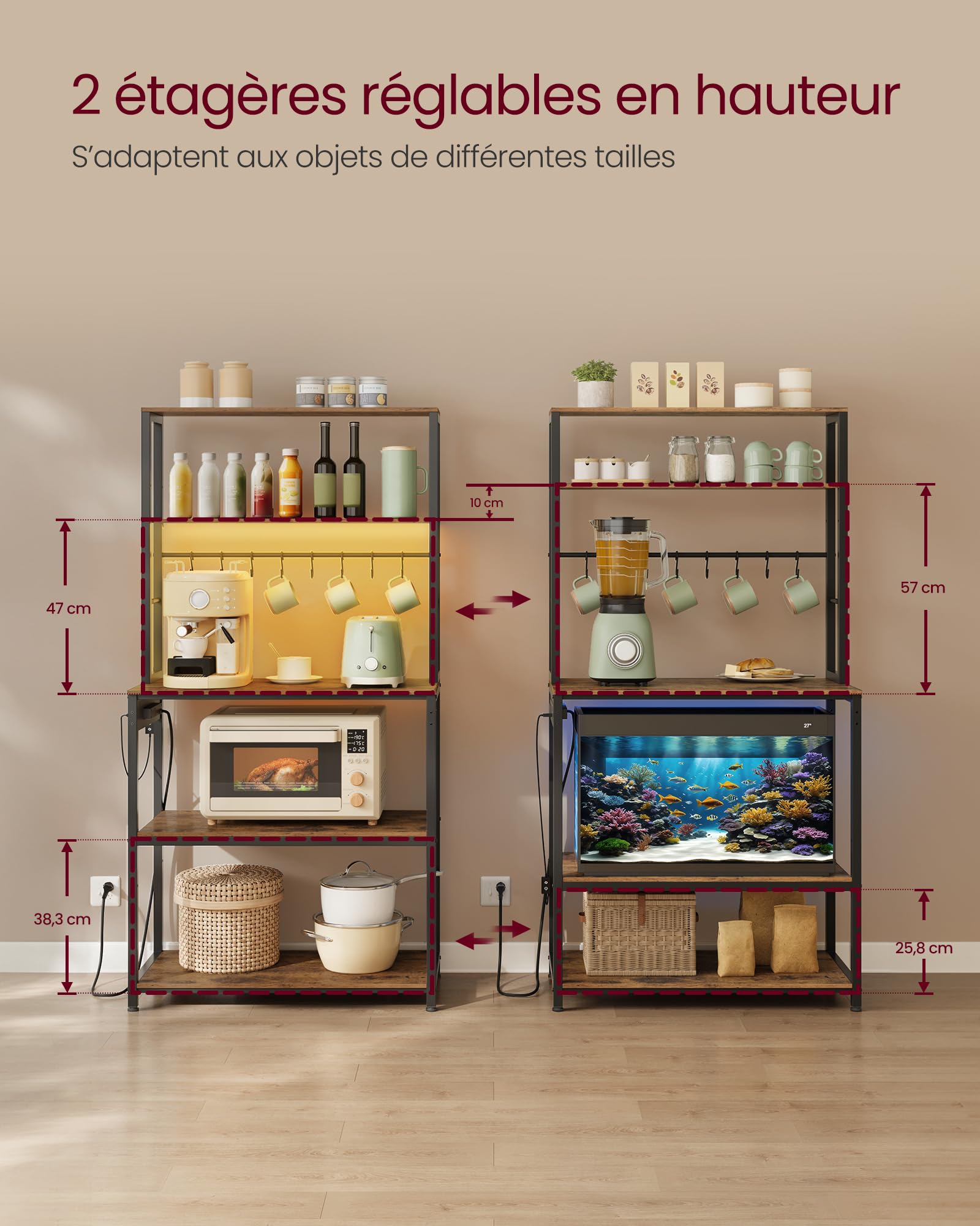 Étagère De Cuisine VASAGLE Avec LED Et Multiprise - Meuble Micro-Ondes 40x80x168 Cm Marron/Noir - Étagères Réglables 8 Crochets - Charge Max 190 Kg - 4