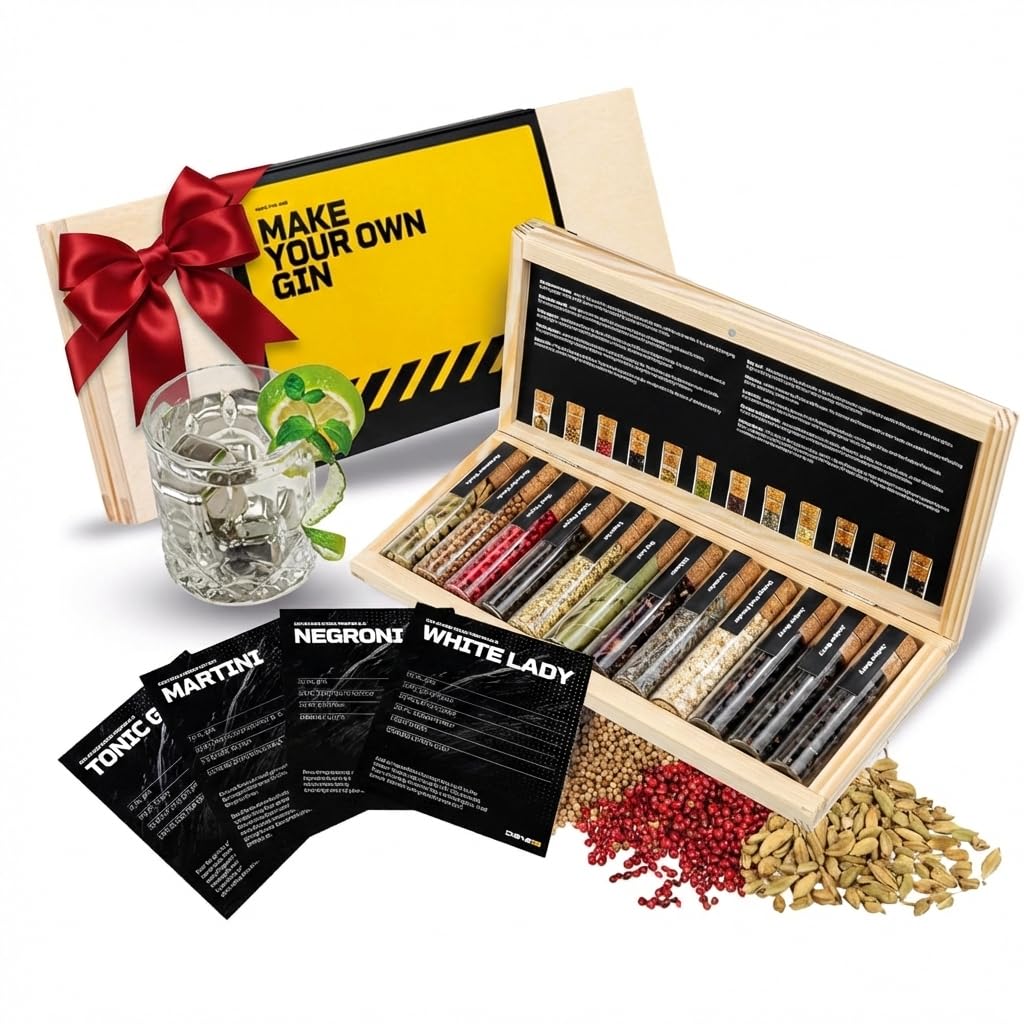 DIBYS Mini Kit Gin Botanico | Set Fai-Da-Te con 12 Spezie Naturali per Gin Tonic e Cocktail | Kit di Infusione con Carte Ricetta e Scatola in Legno | Set Regalo per Uomini e Donne | Set per Fare Gin