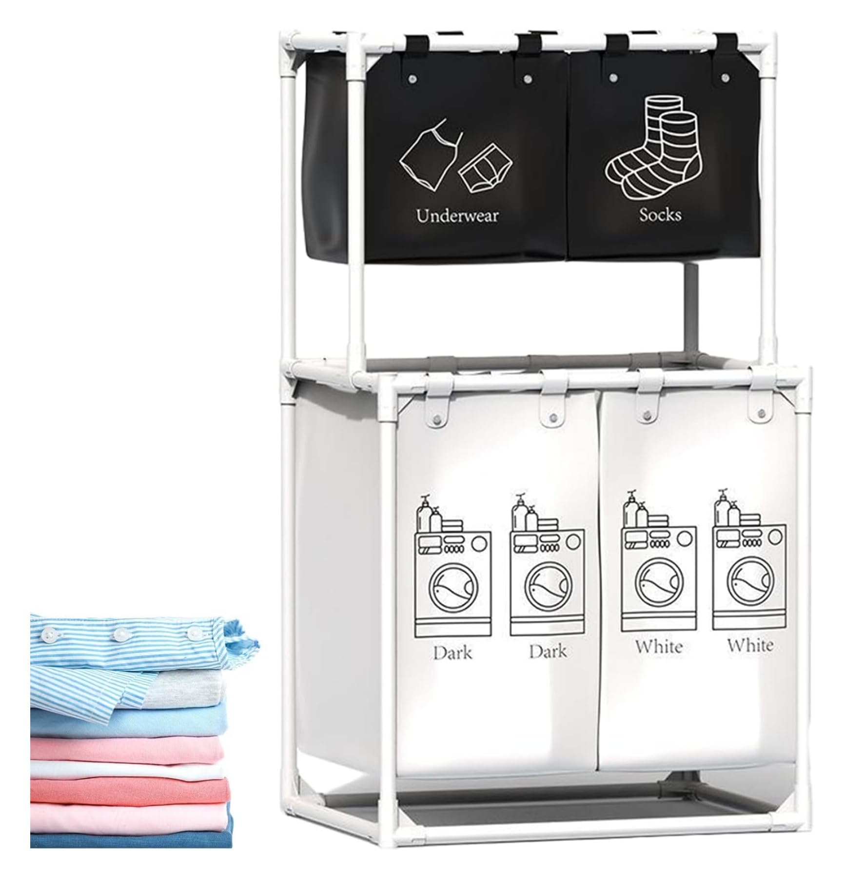 TAME Laundry Hamper, laundry sorter 4 sections for Dirty Clothes, Rolling Laundry Basket with Large Capacity and Removable Bags for Clothes Storage,Large Laundry Storage for Room,White