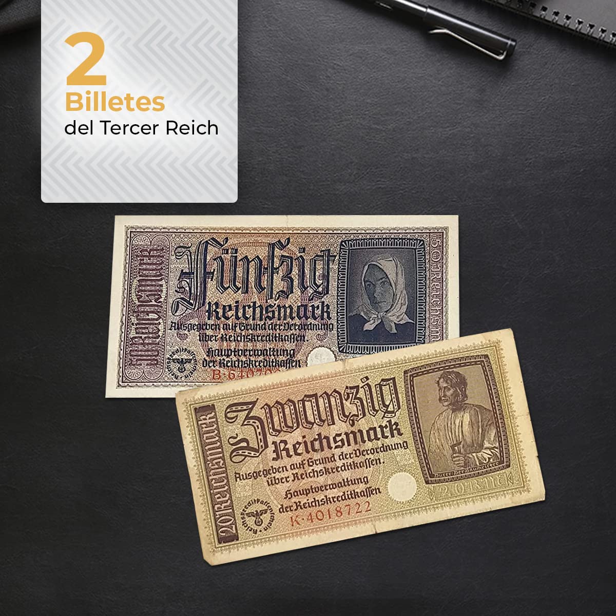 IMPACTO COLECCIONABLES | 2 Billetes Auténticos de la Segunda Guerra Mundial (Invasión del Tercer Reich) | Piezas de Colección Históricas de 20 y 50 Reichsmark con Certificado de Autenticidad